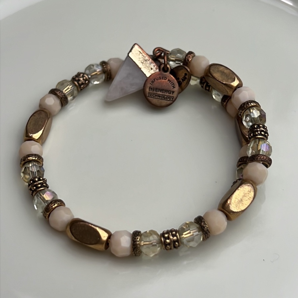 Alex and Ani Rafaleian Gold Pink Shark Tooth White Crystal Beaded Wrap Bracelet